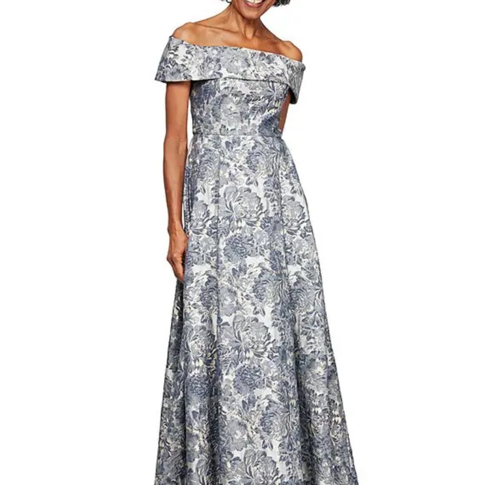 Alex Evenings Silver Gray Off-Shoulder Gown